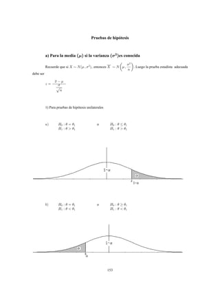 153
Pruebas de hipótesis
a) Para la media si la varianza es conocida
Recuerde que si entonces . Luego la prueba estadísta adecuada
debe ser
1) Para pruebas de hipótesis unilaterales
o
o
 