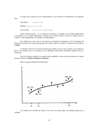 173
Los tipos más comunes de curvas aproximantes y sus ecuaciones se representan en la siguiente
lista:
Línea Recta
Parábola
Curva Cúbica
Todas las letras excepto e representan constantes. La variable es la variable independiente
y la variable es la variable dependiente. Aunque esto se puede cambiar, es decir, en algunos casos la
variable será la dependiente y la variable la independiente.
Para decidir que curva usar es útil observar el diagrama de dispersión. Con el diagrama de
dispersión se puede tener una idea aproximada de la relación entre las variables. La relación más sencilla es
la lineal.
A menudo se recurre a la intuición personal para dibujar una curva que se ajuste a un conjunto de
datos. Este método tiene la desventaja de que diferentes observadores obtendrán distintas curvas y
ecuaciones.
Para evitar juicios subjetivos al construir rectas, parábolas u otras curvas aproximantes de ajuste
de datos se utiliza el Método de Mínimos Cuadrados.
Dado el siguiente Diagrama de Dispersión:
Una medida de la bondad del ajuste de la curva a los datos dados está proporcionada por la
cantidad:
 