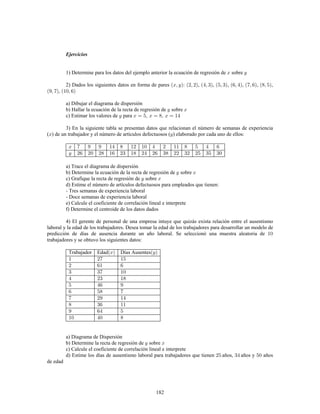 182
Ejercicios
1) Determine para los datos del ejemplo anterior la ecuación de regresión de sobre
2) Dados los siguientes datos en forma de pares : , , , , , ,
,
a) Dibujar el diagrama de dispersión
b) Hallar la ecuación de la recta de regresión de sobre
c) Estimar los valores de para
3) En la siguiente tabla se presentan datos que relacionan el número de semanas de experiencia
( ) de un trabajador y el número de artículos defectuosos ( ) elaborado por cada uno de ellos:
a) Trace el diagrama de dispersión
b) Determine la ecuación de la recta de regresión de sobre
c) Grafique la recta de regresión de sobre
d) Estime el número de artículos defectuosos para empleados que tienen:
- Tres semanas de experiencia laboral
- Doce semanas de experiencia laboral
e) Calcule el coeficiente de correlación lineal e interprete
f) Determine el centroide de los datos dados
4) El gerente de personal de una empresa intuye que quizás exista relación entre el ausentismo
laboral y la edad de los trabajadores. Desea tomar la edad de los trabajadores para desarrollar un modelo de
predicción de días de ausencia durante un año laboral. Se seleccionó una muestra aleatoria de
trabajadores y se obtuvo los siguientes datos:
Trabajador Edad Días Ausentes
a) Diagrama de Dispersión
b) Determine la recta de regresión de sobre
c) Calcule el coeficiente de correlación lineal e interprete
d) Estime los días de ausentismo laboral para trabajadores que tienen años, años y años
de edad
 