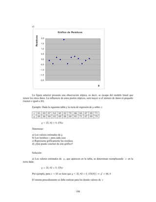 188
c)
Gráfico de Residuos
-2,0
-1,5
-1,0
-0,5
0,0
0,5
1,0
1,5
2,0
X
Residuos
La figura anterior presenta una observación atípica, es decir, se escapa del modelo lineal que
tienen los otros datos. La influencia de estos puntos atípicos, será mayor si el número de datos es pequeño
(menor o igual a ).
Ejemplo: Dada la siguiente tabla y la recta de regresión de sobre :
Determine:
a) Los valores estimados de
b) Los residuos para cada caso
c) Represente gráficamente los residuos
d) ¿Qué puede concluir de este gráfico?
Solución:
a) Los valores estimados de , que aparecen en la tabla, se determinan reemplazando en la
recta dada:
Por ejemplo, para se tiene que
El mismo procedimiento se debe realizar para los demás valores de
 