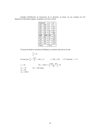39
Ejemplo Distribución de frecuencias de la duración, en horas, de uso continuo de
dispositivos electrónicos iguales, sometidos a un cierto control.
Duración
Total
El intervalo donde se encuentra la Mediana es el primer intervalo en el cual:
En este caso, intervalo
horas
 