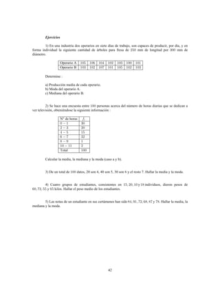 42
Ejercicios
1) En una industria dos operarios en siete días de trabajo, son capaces de producir, por día, y en
forma individual la siguiente cantidad de árboles para fresa de mm de longitud por mm de
diámetro.
Operario A
Operario B
Determine
a) Producción media de cada operario.
b) Moda del operario A.
c) Mediana del operario B.
2) Se hace una encuesta entre personas acerca del número de horas diarias que se dedican a
ver televisión, obteniéndose la siguiente información
N° de horas
Total
Calcular la media, la mediana y la moda (caso a y b).
3) De un total de datos, 20 son 4, 40 son 5, 30 son 6 y el resto 7. Hallar la media y la moda.
4) Cuatro grupos de estudiantes, consistentes en y individuos, dieron pesos de
y kilos. Hallar el peso medio de los estudiantes.
5) Las notas de un estudiante en sus certámenes han sido y . Hallar la media, la
mediana y la moda.
 