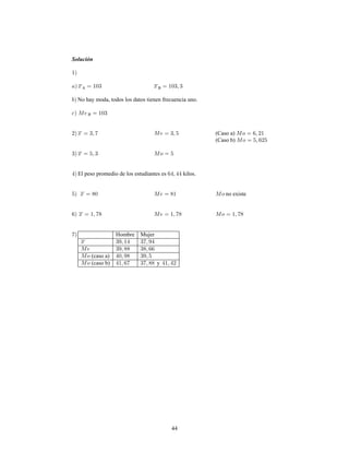 44
Solución
A B
No hay moda, todos los datos tienen frecuencia uno.
B
(Caso a)
(Caso b)
El peso promedio de los estudiantes es kilos.
no existe
Hombre Mujer
(caso a)
(caso b) y
 