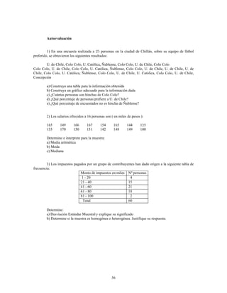 56
Autoevaluación
1) En una encuesta realizada a personas en la ciudad de Chillán, sobre su equipo de fútbol
preferido, se obtuvieron los siguientes resultados:
U. de Chile, Colo Colo, U. Católica, Ñublense, Colo Colo, U. de Chile, Colo Colo
Colo Colo, U. de Chile, Colo Colo, U. Católica, Ñublense, Colo Colo, U. de Chile, U. de Chile, U. de
Chile, Colo Colo, U. Católica, Ñublense, Colo Colo, U. de Chile, U. Católica, Colo Colo, U. de Chile,
Concepción
a) Construya una tabla para la información obtenida
b) Construya un gráfico adecuado para la información dada
c) ¿Cuántas personas son hinchas de Colo Colo?
d) ¿Qué porcentaje de personas prefiere a U. de Chile?
e) ¿Qué porcentaje de encuestados no es hincha de Ñublense?
2) Los salarios ofrecidos a 16 personas son ( en miles de pesos ):
165 149 166 167 154 165 144 135
155 170 150 151 142 148 149 100
Determine e interprete para la muestra:
a) Media aritmética
b) Moda
c) Mediana
3) Los impuestos pagados por un grupo de contribuyentes han dado origen a la siguiente tabla de
frecuencia:
Monto de impuestos en miles Nº personas
1 - 20 4
21 - 40 15
41 - 60 21
61 - 80 18
81 - 100 2
Total 60
Determine:
a) Desviación Estándar Muestral y explique su significado
b) Determine si la muestra es homogénea o heterogénea. Justifique su respuesta.
 