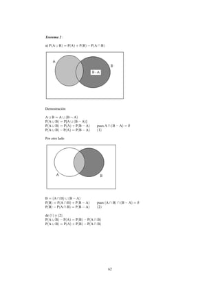 62
Teorema 2
a) P A B P A P B P A B
Demostración
A B A B A
P A B P[A B A ]
P A B P A P B A pues A B A
P A B P A P B A 1
Por otro lado
B A B B A
P B P A B P B A pues A B B A
P B P A B P B A 2
de 1 y 2
P A B P A P B P A B
P A B P A P B P A B
 