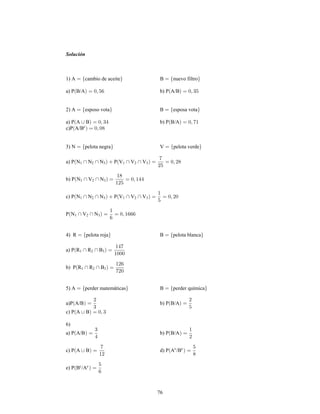 76
Solución
1) A cambio de aceite B nuevo filtro
a) P B/A b) P A/B
2) A esposo vota B esposa vota
a) P A B b) P B/A
c)P A/Bc
3) N pelota negra V pelota verde
a) P N N N P V V V1 2 3 1 2 3
b) P N V N1 2 3
c) P N N N P V V V1 2 3 1 2 3
P N V N1 2 3
4) R pelota roja B pelota blanca
a) P R R B1 2 3
b) P R R B1 2 3
5) A perder matemáticas B perder química
a)P A/B b) P B/A
c) P A B
6)
a) P A/B b) P B/A
c) P A B d) P A /Bc c
e) P B /Ac c
 