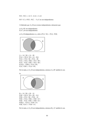 84
P F P C
P F C P F P C F y C no son independientes
3) Sabiendo que A y B son eventos independientes, demuestre que:
a) A y B son independientesc
b) A y B son independientesc
a) A y B independientes si, y sólo si P A B P A P B
A A B A B
P A P[ A B A B ]
P A P A B P A B
P A P A P B P A Bc
P A P A P B P A Bc
P A [ P B ] P A Bc
P A P B P A Bc c
Por lo tanto, si A y B son independientes, entonces A y B también lo son.c
b)
B A B B A
P B P[ A B B A ]
P B P A B P B A
P B P A P B P B Ac
P B P A P B P B Ac
P B [ P A ] P B Ac
P B P A P B Ac c
Por lo tanto, si A y B son independientes, entonces B y A también lo son.c
 