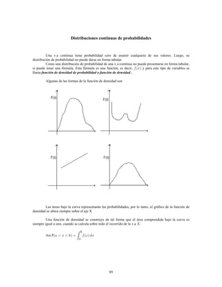 89
Distribuciones continuas de probabilidades
Una v.a continua tiene probabilidad cero de asumir cualquiera de sus valores. Luego, su
distribución de probabilidad no puede darse en forma tabular.
Como una distribución de probabilidad de una v.a continua no puede presentarse en forma tabular,
si puede tener una fórmula. Esta fórmula es una función, es decir, y para este tipo de variables se
llama función de densidad de probabilidad o función de densidad .
Algunas de las formas de la función de densidad son
Las áreas bajo la curva representarán las probabilidades, por lo tanto, el gráfico de la función de
densidad se ubica siempre sobre el eje X
Una función de densidad se construye de tal forma que el área comprendida bajo la curva es
siempre igual a uno, cuando se calcula sobre todo el recorrido de la v.a .
Así P
 