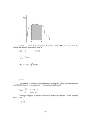 90
Concepto : La función es una para la v.a continua ,función de densidad de probabilidad
definida en el conjunto de los números reales, si:
P
Ejemplos
1) Suponga que el error en la temperatura de reacción, en grados celcius, para un experimento
controlado de laboratorio es una v.a continua , que tiene función de densidad
en otro caso
Muestre que cumple las dos primeras condiciones de una función de densidad y además determine
P
 