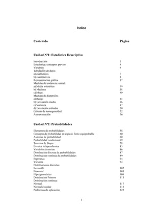 1
Indice
Contenido Página
Unidad Nº1: Estadística Descriptiva
Introducción 3
Estadística: conceptos previos 4
Variables 6
Tabulación de datos:
a) cualitativos 7
b) cuantitativos 8
Representación gráfica 17
Medidas de tendencia central:
a) Media aritmética 39
b) Mediana 38
c) Moda 40
Medidas de dispersión:
a) Rango 45
b) Desviación media 46
c) Varianza 47
d) Desviación estándar 50
Criterio de homogeneidad 52
Autoevaluación 56
Unidad Nº2: Probabilidades
Elementos de probabilidades 58
Concepto de probabilidad en espacio finito equiprobable 60
Axiomas de probabilidad 60
Probabilidad condicional 69
Teorema de Bayes 78
Eventos independientes 83
Variables aleatorias 86
Distribución discreta de probabilidades 87
Distribución continua de probabilidades 89
Esperanza 94
Varianza 94
Distribuciones discretas:
Bernuolli 102
Binomial 103
Hipergeométrica 108
Distribución Poisson 113
Distribución continua:
Normal 117
Normal estándar 118
Problemas de aplicación 122
 