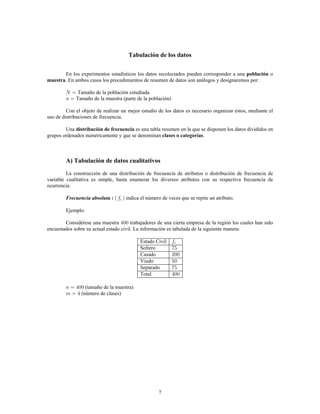 7
Tabulación de los datos
En los experimentos estadísticos los datos recolectados pueden corresponder a una o
población
muestra. En ambos casos los procedimientos de resumen de datos son análogos y designaremos por:
Tamaño de la población estudiada
5 ~
Tamaño de la muestra (parte de la población)
 ~
Con el objeto de realizar un mejor estudio de los datos es necesario organizar éstos, mediante el
uso de distribuciones de frecuencia.
Una es una tabla resumen en la que se disponen los datos divididos en
distribución de frecuencia
grupos ordenados numéricamente y que se denominan .
clases o categorías
A) Tabulación de datos cualitativos
La construcción de una distribución de frecuencia de atributos o distribución de frecuencia de
variable cualitativa es simple, basta enumerar los diversos atributos con su respectiva frecuencia de
ocurrencia.
indica el número de veces que se repite un atributo.
Frecuencia absoluta : ²  ³

Ejemplo:
Considérese una muestra trabajadores de una cierta empresa de la región los cuales han sido

encuestados sobre su actual estado civil. La información es tabulada de la siguiente manera:
Estado Civil
Soltero
Casado
Viudo
Separado
Total

	

	
	


(tamaño de la muestra)
 ~ 
(número de clases)
 ~ 
 