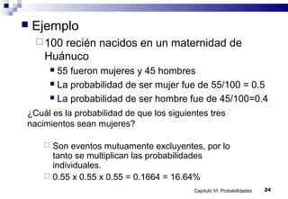 Capítulo VI: Probabilidades 24
 Ejemplo
100 recién nacidos en un maternidad de
Huánuco
 55 fueron mujeres y 45 hombres
 La probabilidad de ser mujer fue de 55/100 = 0.5
 La probabilidad de ser hombre fue de 45/100=0.4
¿Cuál es la probabilidad de que los siguientes tres
nacimientos sean mujeres?
 Son eventos mutuamente excluyentes, por lo
tanto se multiplican las probabilidades
individuales.
 0.55 x 0.55 x 0.55 = 0.1664 = 16.64%
 