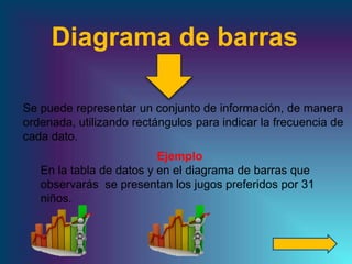 Diagrama de barras
Se puede representar un conjunto de información, de manera
ordenada, utilizando rectángulos para indicar la frecuencia de
cada dato.
Ejemplo
En la tabla de datos y en el diagrama de barras que
observarás se presentan los jugos preferidos por 31
niños.
 