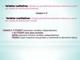 métodos no paramétricos (hacemos inferencia a partir
del modelo de distribución binomial)
métodos paramétricos (hacemos inferencia a partir
del modelo de distribución normal)
(relacionar variables independientes)
(relaciona infinitas variables independientes)
(para muestras muy grandes y conociendo la desviación típica)
 