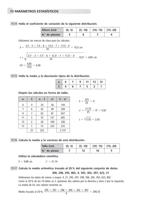 15 PARÁMETROS ESTADÍSTICOS
Halla el coeficiente de variación de la siguiente distribución.
Utilizamos las marcas de clase para los cálculos:
x៮ ϭ ϭ 10,5 cm
s = Ί๶๶๶Ϫ 10,๶52
๶ϭ 4,85 cm
CV ϭ ᎏ
4
1
,
0
8
,
5
5
ᎏ ϭ 0,46
Halla la media y la desviación típica de la distribución.
Dispón los cálculos en forma de tabla.
x៮ ϭ ᎏ
2
2
2
5
5
ᎏ ϭ 9
s2
ϭ ᎏ
2
2
1
5
73
ᎏ Ϫ 92
ϭ 5,92
s ϭ ͙5,92ෆ ϭ 2,43
Calcula la media y la varianza de esta distribución.
Utiliza la calculadora científica.
x៮ ϭ 9,88 cm s2
ϭ 21,14
Calcula la media aritmética trucada al 20 % del siguiente conjunto de datos.
300, 298, 295, 802, 4, 303, 302, 297, 623, 21
Ordenamos los datos de menor a mayor: 4, 21, 295, 297, 298, 300, 302, 303, 623, 802
Como el 20 % de los 10 datos es 2, quitamos dos valores por la derecha y otros 2 por la izquierda.
La media de los seis valores restantes es:
Media trucada al 20 %: ϭ 299,16w295 ϩ 297 ϩ 298 ϩ 300 ϩ 302 ϩ 303
ᎏᎏᎏᎏᎏ
6
15.17
15.16
15.15
2,52
и 3 ϩ 7,52
и 6 ϩ 12,52
и 7 ϩ 17,52
и 4
ᎏᎏᎏᎏᎏ
20
2,5 и 3 ϩ 7,5 и 6 ϩ 12,5 и 7 ϩ 17,5 и 4
ᎏᎏᎏᎏᎏ
20
15.14
Altura (cm) [0, 5) [5, 10) [10, 15) [15, 20)
N.o
de plantas 3 6 7 4
Talla (cm) [0, 5) [5, 10) [10, 15) [15, 20)
N.o
de piezas 7 12 16 5
xi 6 7 9 11 13 15
fi 4 6 7 5 2 1
xi fi xi ؒ fi xi
2
fi ؒ xi
2
6 4 24 36 144
7 6 42 49 294
9 7 63 81 567
11 5 55 121 605
13 2 26 169 338
15 1 15 225 225
25 225 2 173
 