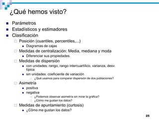 25
¿Qué hemos visto?
 Parámetros
 Estadísticos y estimadores
 Clasificación
 Posición (cuantiles, percentiles,...)
 Diagramas de cajas
 Medidas de centralización: Media, mediana y moda
 Diferenciar sus propiedades.
 Medidas de dispersión
 con unidades: rango, rango intercuartílico, varianza, desv.
típica
 sin unidades: coeficiente de variación
 ¿Qué usamos para comparar dispersión de dos poblaciones?
 Asimetría
 positiva
 negativa
 ¿Podemos observar asimetría sin mirar la gráfica?
 ¿Cómo me gustan los datos?
 Medidas de apuntamiento (curtosis)
 ¿Cómo me gustan los datos?
 