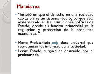 Marxismo: “ Insistió en que el derecho en una sociedad capitalista es un sistema ideológico que está materializado en las instituciones políticas de Estado, donde su función primordial es la regulación y protección de la propiedad económica. “ Marx: Proletariado  clase universal que representan los intereses de la sociedad. Lenin: Estado burgués es destruido por el proletariado 