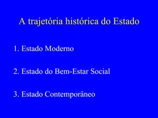 A trajetória histórica do Estado 1. Estado Moderno 2. Estado do Bem-Estar Social 3. Estado Contemporâneo 