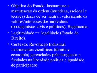 Objetivo do Estado: instauracao e manutencao da ordem (mundana, racional e técnica) deixa de ser neutral, valorizando os valores/interesses dos indivíduos (protagonistas civis e políticos). Hegemonia. Legitimidade => legalidade (Estado de Direito). Contexto: Revolucao Industrial. Instrumentos científicos (direito e economia) gerenciados pela burguesia e fundados na liberdade política e igualdade de participacao. 