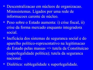 Descentralizacao em núcleos de organizacao. Minissistemas. Ligados por uma rede de informacoes carente de núcleo. Peso sobre o Estado aumenta: i) crise fiscal, ii) crise da forma mercado enquanto integradora social. Ineficácia dos sistemas de seguranca social e do aparelho político-representativo na legitimacao do Estado pelas massas => tutela da Constituicao (superlegalidade política); tutela da seguranca nacional. Dialética: sublegalidade x superlegalidade. 