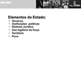 Elementos do Estado:
•   Governo
•   Instituições políticas
•   Sistema Jurídico
•   Uso legítimo da força
•   Território
•   Povo
 