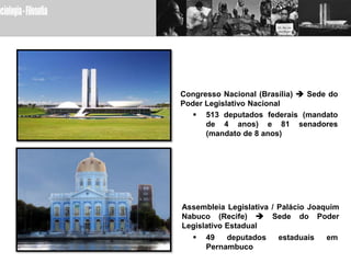 Congresso Nacional (Brasília)  Sede do
Poder Legislativo Nacional
    513 deputados federais (mandato
      de 4 anos) e 81 senadores
      (mandato de 8 anos)




Assembleia Legislativa / Palácio Joaquim
Nabuco (Recife)  Sede do Poder
Legislativo Estadual
      49   deputados   estaduais   em
       Pernambuco
 