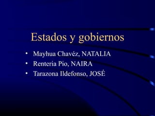 Estados y gobiernos 
• Mayhua Chavéz, NATALIA 
• Renteria Pio, NAIRA 
• Tarazona Ildefonso, JOSÉ 
 
