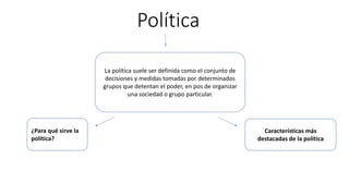 Política
¿Para qué sirve la
política?
La política suele ser definida como el conjunto de
decisiones y medidas tomadas por ...