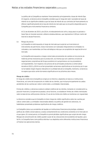 Notas a los estados financieros separados (continuación)
51
La política de la Compañía es mantener financiamientos principalmente a tasas de interés fijas.
Al respecto, la Gerencia de la Compañía considera que el riesgo del valor razonable de tasas de
interés no es significativo debido a que las tasas de interés de sus contratos de financiamiento no
difieren significativamente de la tasa de interés de mercado que se encuentra disponible para la
Compañía para instrumentos financieros similares.
Al 31 de diciembre de 2015 y de 2014, el endeudamiento de corto y largo plazo es pactado a
tasas fijas en moneda nacional y dólares estadounidenses, que representa el 100 por ciento del
total de la deuda financiera.
(c) Riesgo de precios -
La Compañía no está expuesta al riesgo de mercado que surge de sus inversiones en
instrumentos de patrimonio. Estas inversiones son realizadas íntegramente en entidades no
cotizadas y son mantenidas con fines estratégicos más que con propósitos de negociación en el
mercado.
La Compañía está expuesta a riesgos comerciales provenientes de cambios en los precios de
materias primas necesarias para la producción, los mismos que son cubiertos a través de
negociaciones corporativas del Grupo económico al cual pertenece con los proveedores
correspondientes. Con respecto a los precios de los principales productos a comercializar
durante el 2015 y 2014 no se han presentado variaciones significativas en los precios por lo que
no ha habido ningún impacto relevante en la utilidad neta de la Compañía. Asimismo, la Gerencia
no espera que estos varíen de manera significativa en los próximos doce meses.
Riesgo de crédito -
El riesgo de crédito de la Compañía se origina en el efectivo y depósitos en bancos e instituciones
financieras, así como de la exposición al crédito de los clientes, que incluye principalmente los saldos
pendientes de las cuentas por cobrar comerciales y a entidades relacionadas.
El área de créditos y cobranzas evalúa la calidad crediticia de los clientes, tomando en consideración su
posición financiera, la experiencia pasada y otros factores, se establecen límites de crédito individuales
sobre la base de las calificaciones internas. El uso de los límites de crédito se monitorea con regularidad.
La Gerencia considera que la Compañía no tiene riesgo de crédito significativo sobre las cuentas por
cobrar comerciales y a entidades relacionadas debido a la política de gestión de cobranzas, no
habiéndose presentado problemas significativos de riesgo crediticio.
La Compañía coloca sus excedentes de liquidez en instituciones financieras de prestigio, establece
políticas de crédito conservadoras y evalúa constantemente las condiciones existentes en el mercado en
el que opera. En consecuencia, la Compañía no prevé pérdidas significativas que surjan de este riesgo.
Riesgos de concentración de crédito pueden surgir de las colocaciones de excedentes de liquidez; para
tal fin, la Compañía tiene como política distribuir sus depósitos entre diferentes instituciones financieras
al finalizar las operaciones diarias.
 