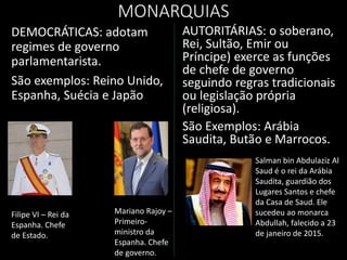MONARQUIAS
DEMOCRÁTICAS: adotam
regimes de governo
parlamentarista.
São exemplos: Reino Unido,
Espanha, Suécia e Japão
AUTORITÁRIAS: o soberano,
Rei, Sultão, Emir ou
Príncipe) exerce as funções
de chefe de governo
seguindo regras tradicionais
ou legislação própria
(religiosa).
São Exemplos: Arábia
Saudita, Butão e Marrocos.
Filipe VI – Rei da
Espanha. Chefe
de Estado.
Mariano Rajoy –
Primeiro-
ministro da
Espanha. Chefe
de governo.
Salman bin Abdulaziz Al
Saud é o rei da Arábia
Saudita, guardião dos
Lugares Santos e chefe
da Casa de Saud. Ele
sucedeu ao monarca
Abdullah, falecido a 23
de janeiro de 2015.
 