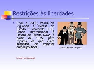 Restrições às liberdades Criou a PVDE, Polícia de Vigilância e Defesa do Estado – chamada PIDE, Polícia Internacional e Defesa do Estado Novo, a partir de 1945, para reprimir os que eram suspeitos de cometer crimes políticos. (Ler texto 4- pág 30 do manual) PIDE e GNR com um preso 