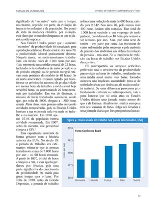 ESTADO DO MUNDO 2010 Jornadas de Trabalho Sustentáveis para Todos
97
sofrera uma redução de mais de 600 horas, cain-
do para 2.342. Nos anos 70, pelo menos mais
400 horas haviam sido cortadas. Esse total de
1.000 horas equivale a um emprego de meio
período, considerando-se 40 horas por semana e
50 semanas por ano. Mas, por uma série de
razões – em parte por causa das estruturas de
custo enfrentadas pelas empresas e pela ausência
de pressão dos sindicatos em defesa da redução
da jornada – nos anos 70, a tendência de redu-
ção das horas de trabalho nos Estados Unidos
desapareceu.2
Em contrapartida, os europeus ocidentais
preferiram usar o crescimento da produtividade
para reduzir as horas de trabalho, resultando em
uma média anual muito mais baixa. Jornadas
menores não implicam austeridade: trata-se de
sociedades ricas que desfrutam de muito confor-
to material. Se essas diferenças parecerem pro-
fundamente culturais ou intransponíveis, vale a
pena lembrar que 50 anos atrás os Estados
Unidos tinham uma jornada muito menor do
que a da Europa. Atualmente, muitos europeus
têm seis semanas de férias, folga nos feriados e
uma jornada diária que lhes proporciona bastan-
significado de “excessivo” varia com o tempo,
no entanto, depende, em parte, da evolução do
impacto tecnológico e da população. Do ponto
de vista da mudança climática, por exemplo,
está claro que o mundo ultrapassou o que o pla-
neta podia suportar.
Nos Estados Unidos, parece que o aumento
“excessivo” da produtividade foi canalizado para
a produção adicional. Desde o início dos anos 70,
a produtividade laboral praticamente dobrou.
Naquela época, os norte-americanos trabalha-
vam, em média, cerca de 1.700 horas por ano.
(Isso representa uma média semanal de 32 horas,
incluindo os trabalhadores de meio período e os
de período integral; os de período integral esta-
vam mais próximos do modelo de 40 horas). Se
os norte-americanos tivessem optado por trans-
formar os prêmios do aumento de produtividade
em menos horas de trabalho, a média anual hoje
seria 850 horas, ou pouco mais de 20 horas sema-
nais por trabalhador. Em vez de diminuir, o
número de horas trabalhadas aumentou, sendo
que, por volta de 2006, chegava a 1.880 horas
anuais. Além disso, mais pessoas estão exercendo
atividades remuneradas, pois os Estados Unidos
baseiam a sua economia cada vez mais no traba-
lho e no mercado. Em 1970, ape-
nas 57,4% da população exercia
atividade remunerada. Em 2007,
antes da recessão, esse percentual
chegava a 63%.1
Essa experiência contrasta de
forma gritante com a história
anterior dos EUA. No século 19,
a jornada de trabalho era exte-
nuante; estima-se que as pessoas
trabalhavam cerca de 3.000 horas
por ano – ou 60 horas semanais.
A partir de 1870, o total de horas
começou a cair, e essa queda per-
durou por décadas, pois uma
parte significativa do crescimento
da produtividade era usada para
gerar tempo para o lazer. Por
volta de 1929, antes da Grande
Depressão, a jornada de trabalho
Holanda França Itália Suécia
Figura 4. Horas anuais de trabalho nos países selecionados, 2007
Fonte: Conference Board
Alemanha
Horasporano
21_184mundo_VaBe2 6/22/10 15:17 Page 97
 