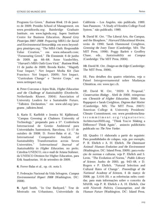 ESTADO DO MUNDO 2010 Notas
229
Programs Go Green,” Business Week, 19 de janei-
ro de 2009; Presidio School of Management, em
www.presidioedu.org; Bainbridge Graduate
Institute, em www.bgiedu.org; Aspen Institute
Centre for Business Education, Beyond Grey
Pinstripes 2007–2008: Preparing MBA’s for Social
and Environmental Stewardship, em www.beyond-
grey pinstripes.org; “The MBA Oath: Responsible
Value Creation,” em www.mbaoath.com;
“Forswearing Greed,” The Economist, 6 de junho
de 2009, pp. 66–68; Anne VanderMey,
“Harvard’s MBA Oath Goes Viral,” Business Week,
11 de junho de 2009; Brenda Kiefer, “Magnify
Your Impact,” Net Impact Media Kit (San
Francisco: Net Impact, 2009); Net Impact,
“Curriculum Change” e “Service Corps,” em
www.netimpact.org.
4. Peter Corcoran e Arjen Wals, Higher Education
and the Challenge of Sustainability (Dordrecht,
Netherlands: Kluwer, 2004); Association of
University Leaders for a Sustainable Future,
“Talloires Declaration,” em www.ulsf.org/pro-
grams _talloires.html.
5. Karin E. Karlfeldt e Jennica M. Kjällstrand,
“Campus Greening at Chalmers University of
Technology,” preparado para a 5ª. Conferência
Internacional de Gestão Ambiental para
Universidades Sustentáveis, Barcelona, 15–17 de
outubro de 2008; D. Ferrer-Balas et al., “An
International Comparative Analysis of
Sustainability Transformation across Seven
Universities,” International Journal of
Sustainability in Higher Education, no prelo;
Cátedras UNESCO, em e-mail de Ariana Stahmer,
da UNESCO Division for Higher Education, para
Erik Assadourian, 16 de setembro de 2009.
6. Ferrer-Balas et al., op. cit. nota 5.
7. Federação Nacional da Vida Selvagem, Campus
Environmental Report 2008 (Washington, DC:
2008).
8. April Smith, “In Our Backyard,” Tese de
Mestrado em Urbanismo, Universidade da
Califórnia – Los Angeles, não publicada, 1989;
Sam Passmore, “A Study of Hendrix College Food
System,” não publicado, 1989.
9. David W. Orr, “The Liberal Arts, the Campus,
and the Biosphere,” Harvard Educational Review,
verão de 1990; Sarah Hammond Creighton,
Greening the Ivory Tower (Cambridge, MA: The
MIT Press, 1998); Peggy Barlett e Geoffrey
Chase, eds., Sustainability on Campus
(Cambridge: The MIT Press, 2004).
10. David W. Orr, Design on the Edge (Cambridge:
The MIT Press, 2006).
11. Para detalhes dos quatro relatórios, veja o
Painel Intergovernamental sobre Mudanças
Climáticas, em: www.ipcc.ch.
12. David W. Orr, “2020: A Proposal,”
Conservation Biology , Abril de 2000, reimpresso
em Chronicle of Higher Education, 2000; Ann
Rappaport e Sarah Creighton, Degrees that Matter
(Cambridge, MA: The MIT Press, 2007);
American College & University Presidents’
Climate Commitment, em: www.presidentsclima-
t e c o m m i t m e n t . o r g / s i g n a t o r i e s ;
Architecture2020.org, “Think You’re Making a
Difference? Think Again”, anúncio publicitário
publicado no The New Yorker.
13. Quadro 11 elaborado a partir do seguinte:
Para possibilidades de colapso, veja, por exemplo,
P. R. Ehrlich e A. H. Ehrlich, The Dominant
Animal: Human Evolution and the Environment
(Washington, DC: Island Press, 2009); para evolu-
ção de normas e culturas, veja P. Ehrlich and S.
Levin, “The Evolution of Norms,” Public Library
of Science, Junho de 2005, pp. 943–48, e D.
Rogers e P. Ehrlich, “Natural Selection and
Cultural Rates of Change”. Proceedings of the
National Academy of Sciences, 4 de março de
2008, pp. 3,416–20, e as referências neles conti-
das; para mais informações sobre o conceito da
MAHB, veja P. R. Ehrlich e A. H. Ehrlich, One
with Nineveh: Politics, Consumption, and the
Human Future (Washington, DC: Island Press,
notas_e2 6/22/10 15:13 Page 229
 