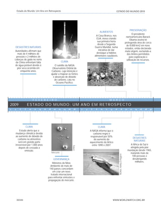 ESTADO DO MUNDO 2010Estado do Mundo: Um Ano em Retrospecto
WWW.WORLDWATCH.ORG.BRXXVIII
2 4 6 8 10 12 14 16 18 20 22 24 26 28 2 4 6 8 10 12 14 16 18 20 22 24 26 28 30
DESASTRES NATURAIS
Autoridades afirmam que
mais de 4 milhões de
pessoas e 2 milhões de
cabeças de gado no norte
da China enfrentam falta
de água potável devido à
pior seca ocorrida em
cinquenta anos.
CLIMA
O satélite da NASA
Observatório Orbital de
Carbono, cuja intenção é
ajudar a mapear as fontes
e absorção de dióxido
de carbono, caiu no
Oceano Pacífico.
ALIMENTOS
A Casa Branca, nos
EUA, inova criando
sua primeira horta
desde a Segunda
Guerra Mundial, numa
iniciativa de dar
destaque a hábitos
alimentares saudáveis.
PRESERVAÇÃO
O presidente
norteamericano Barack
Obama assina lei
protegendo área de cerca
de 8.000 km2 em nove
estados, então declarada
mata virgem, excluindo-a
dos limites permitidos
para exploração e
utilização de recursos.
CLIMA
Estudo alerta que a
mudança climática devida
ao aumento de dióxido de
carbono na atmosfera
será em grande parte
irreversível por 1.000 anos
depois de cessada a
emissão.
GOVERNANÇA
Ministros do Meio
Ambiente de mais de
140 países concordam
em criar um novo
tratado internacional
para enfrentar emissões e
propagação de mercúrio.
CLIMA
A NASA informa que o
carbono negro é
responsável por 50%
do aumento do
aquecimento do Ártico
entre 1890 e 2007.
DESASTRES
NATURAIS
A África do Sul é
atingida pela pior
inundação desde 1965,
matando mais de
100 pessoas e
desabrigando
milhares.
NASA
Mercúrio
Unkky
SamanthaAppleton
NOAA,HarleyD.Nygren
ESTADO DO MUNDO: UM ANO EM RETROSPECTO
F E V E R E I R O M A R Ç O
2009
IaXXVII_intro_val:A 6/22/10 3:44 PM Page XXVIII
 