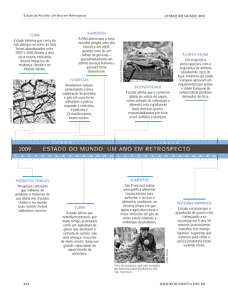 ESTADO DO MUNDO 2010Estado do Mundo: Um Ano em Retrospecto
WWW.WORLDWATCH.ORG.BRXXX
2 4 6 8 10 12 14 16 18 20 22 24 26 28 30 2 4 6 8 10 12 14 16 18 20 22 24 26 28 30
CLIMA
Estudo informa que cerca de
160 vilarejos no norte da Síria
foram abandonadas entre
2007 e 2008 devido a uma
seca severa, indicando
futuros impactos da
mudança climática no
Oriente Médio.
FLORESTAS
Residentes nativos
protestando contra
exploração de petróleo
e gás em suas terras
enfrentam a polícia;
segundo o noticiário,
9 policiais e
25 manifestantes
foram mortos.
ALIMENTOS
A FAO afirma que a fome
mundial atingirá uma alta
histórica em 2009,
quando mais de um
bilhão de pessoas –
aproximadamente um
sétimo da raça humana –
passará fome
diariamente.
BIODIVERSIDADE
Estudo afirma que o comércio
global de venda de sapos
como animais de estimação e
alimento está espalhando
duas doenças graves,
responsabilizadas por levar
esses anfíbios à extinção.
FLORA E FAUNA
Em resposta a
preocupações com a
segurança de animais
envolvendo caça de
foca, ministros da União
Europeia aprovam um
regulamento que proíbe
a União Europeia de
comercializar produtos
derivados de foca.
PRODUTOS TÓXICOS
Pesquisas concluem
que milhares de
produtos e materiais de
uso diário nos Estados
Unidos e no mundo
todo contêm metais
radioativos nocivos.
CLIMA
Estudo afirma que
hidrofluorcarbonos, por
muito tempo aclamados
como um substituto de
gases que destroem a
camada de ozônio, são
uma ameaça crescente
de efeito estufa, dada sua
grande capacidade de
aquecimento da
atmosfera.
ALIMENTOS
São Francisco adota
uma política alimentar
revolucionária para
aumentar o acesso a
alimentos saudáveis, ao
mesmo tempo em que
apoia a agricultura local e
reduz emissões de gás de
efeito estufa relativas a
embarque de produtos.
SISTEMAS MARINHOS
Estudo constata que a
população de peixes está
começando a se
recompor em 5 dos 10
maiores ecossistemas
marinhos sob manejo
rigoroso, sugerindo que
esforços para coibir a
pesca predatória estão
surtindo efeito.
JaredTarbell
HarmenPiekema
BarbHowe
Feira de produtos agrícolas vendidos
diretamente pelos produtores, em
São Francisco.
ESTADO DO MUNDO: UM ANO EM RETROSPECTO
J U N H O J U L H O
2009
IaXXVII_intro_val:A 6/22/10 3:44 PM Page XXX
 
