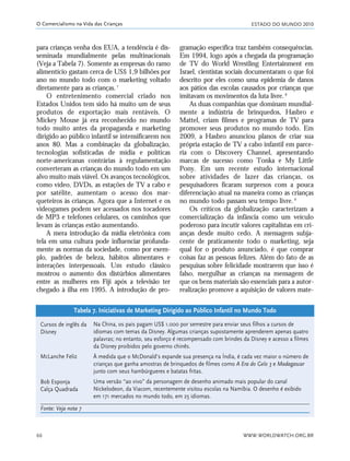 ESTADO DO MUNDO 2010
WWW.WORLDWATCH.ORG.BR66
O Comercialismo na Vida das Crianças
para crianças venha dos EUA, a tendência é dis-
seminada mundialmente pelas multinacionais
(Veja a Tabela 7). Somente as empresas do ramo
alimentício gastam cerca de US$ 1,9 bilhões por
ano no mundo todo com o marketing voltado
diretamente para as crianças.7
O entretenimento comercial criado nos
Estados Unidos tem sido há muito um de seus
produtos de exportação mais rentáveis. O
Mickey Mouse já era reconhecido no mundo
todo muito antes da propaganda e marketing
dirigido ao público infantil se intensificarem nos
anos 80. Mas a combinação da globalização,
tecnologias sofisticadas de mídia e políticas
norte-americanas contrárias à regulamentação
converteram as crianças do mundo todo em um
alvo muito mais viável. Os avanços tecnológicos,
como vídeo, DVDs, as estações de TV a cabo e
por satélite, aumentam o acesso dos mar-
queteiros às crianças. Agora que a Internet e os
videogames podem ser acessados nos tocadores
de MP3 e telefones celulares, os caminhos que
levam às crianças estão aumentando.
A mera introdução da mídia eletrônica com
tela em uma cultura pode influenciar profunda-
mente as normas da sociedade, como por exem-
plo, padrões de beleza, hábitos alimentares e
interações interpessoais. Um estudo clássico
mostrou o aumento dos distúrbios alimentares
entre as mulheres em Fiji após a televisão ter
chegado à ilha em 1995. A introdução de pro-
gramação específica traz também consequências.
Em 1994, logo após a chegada da programação
de TV do World Wrestling Entertainment em
Israel, cientistas sociais documentaram o que foi
descrito por eles como uma epidemia de danos
aos pátios das escolas causados por crianças que
imitavam os movimentos da luta livre.8
As duas companhias que dominam mundial-
mente a indústria de brinquedos, Hasbro e
Mattel, criam filmes e programas de TV para
promover seus produtos no mundo todo. Em
2009, a Hasbro anunciou planos de criar sua
própria estação de TV a cabo infantil em parce-
ria com o Discovery Channel, apresentando
marcas de sucesso como Tonka e My Little
Pony. Em um recente estudo internacional
sobre atividades de lazer das crianças, os
pesquisadores ficaram surpresos com a pouca
diferenciação atual na maneira como as crianças
no mundo todo passam seu tempo livre.9
Os críticos da globalização caracterizam a
comercialização da infância como um veículo
poderoso para incutir valores capitalistas em cri-
anças desde muito cedo. A mensagem subja-
cente de praticamente todo o marketing, seja
qual for o produto anunciado, é que comprar
coisas faz as pessoas felizes. Além do fato de as
pesquisas sobre felicidade mostrarem que isso é
falso, mergulhar as crianças na mensagem de
que os bens materiais são essenciais para a autor-
realização promove a aquisição de valores mate-
Tabela 7. Iniciativas de Marketing Dirigido ao Público Infantil no Mundo Todo
Na China, os pais pagam US$ 1.000 por semestre para enviar seus filhos a cursos de
idiomas com temas da Disney. Algumas crianças supostamente aprenderem apenas quatro
palavras; no entanto, seu esforço é recompensado com brindes da Disney e acesso a filmes
da Disney proibidos pelo governo chinês.
À medida que o McDonald’s expande sua presença na Índia, é cada vez maior o número de
crianças que ganha amostras de brinquedos de filmes como A Era do Gelo 3 e Madagascar
junto com seus hambúrgueres e batatas fritas.
Uma versão “ao vivo” da personagem de desenho animado mais popular do canal
Nickelodeon, da Viacom, recentemente visitou escolas na Namíbia. O desenho é exibido
em 171 mercados no mundo todo, em 25 idiomas.
Cursos de inglês da
Disney
McLanche Feliz
Bob Esponja
Calça Quadrada
Fonte: Veja nota 7
21_184mundo_VaBe2 6/22/10 15:17 Page 66
 