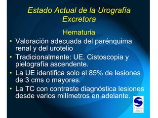 Estado Actual de la Urografía Excretora Hematuria Valoración adecuada del parénquima renal y del urotelio Tradicionalmente: UE, Cistoscopia y pielografía ascendente. La UE identifica solo el 85% de lesiones de 3 cms o mayores. La TC con contraste diagnóstica lesiones desde varios milímetros en adelante. 