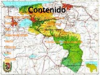 Contenido
•Ubicación territorial   •Sitios turísticos

•Superficie              •Comida típica

•Mapa                    •Bebida típica

•Símbolos del estado     •Traje típico

•Capital                 •Fiestas tradicionales del estado

•Población

•Clima

•Economía
 