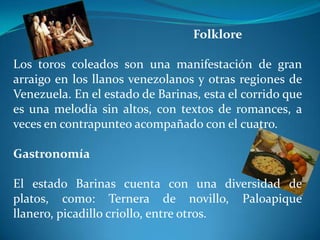                                                             FolkloreLos toros coleados son una manifestación de gran arraigo en los llanos venezolanos y otras regiones de Venezuela. En el estado de Barinas, esta el corrido que es una melodía sin altos, con textos de romances, a veces en contrapunteo acompañado con el cuatro.GastronomíaEl estado Barinas cuenta con una diversidad de platos, como: Ternera de novillo, Paloapique llanero, picadillo criollo, entre otros.