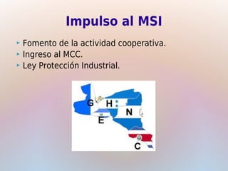 Impulso al MSI
 Fomento de la actividad cooperativa.
 Ingreso al MCC.
 Ley Protección Industrial.
 