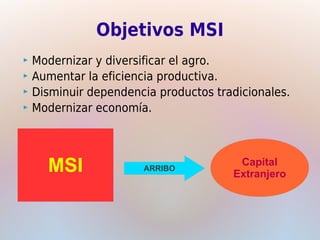Objetivos MSI
 Modernizar y diversificar el agro.
 Aumentar la eficiencia productiva.
 Disminuir dependencia productos tradicionales.
 Modernizar economía.




    MSI              ARRIBO
                                      Capital
                                     Extranjero
 