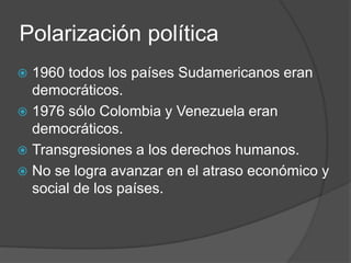 Polarización política
 1960 todos los países Sudamericanos eran
democráticos.
 1976 sólo Colombia y Venezuela eran
democráticos.
 Transgresiones a los derechos humanos.
 No se logra avanzar en el atraso económico y
social de los países.
 