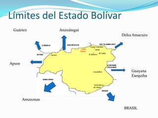 Límites del Estado Bolívar
Guárico

Anzoátegui
Delta Amacuro

Apure
Guayana
Esequiba

Amazonas
BRASIL

 