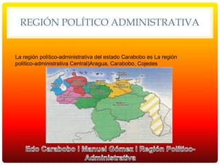 REGIÓN POLÍTICO ADMINISTRATIVA
La región político-administrativa del estado Carabobo es La región
político-administrativa Central)Aragua, Carabobo, Cojedes
 