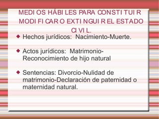 MEDI OS HÁBI LES PARA CONSTI TUI R
MODI FI CAR O EXTI NGUI R EL ESTADO
CI VI L.​
 Hechos jurídicos: Nacimiento-Muerte.
 Actos jurídicos: Matrimonio-
Reconocimiento de hijo natural
 Sentencias: Divorcio-Nulidad de
matrimonio-Declaración de paternidad o
maternidad natural.
 