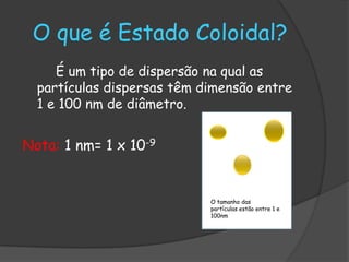 O que é Estado Coloidal?
     É um tipo de dispersão na qual as
  partículas dispersas têm dimensão entre
  1 e 100 nm de diâmetro.


Nota: 1 nm= 1 x 10-9


                            O tamanho das
                            partículas estão entre 1 e
                            100nm
 