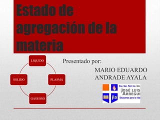 Estado de
agregación de la
materia
LIQUIDO

SOLIDO

GASEOSO

Presentado por:
MARIO EDUARDO
ANDRADE AYALA
PLASMA

 