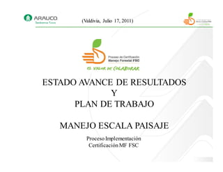 (Valdivia, Julio 17, 2011)




ESTADO AVANCE DE RESULTADOS
             Y
      PLAN DE TRABAJO

   MANEJO ESCALA PAISAJE
         Proceso Implementación
          Certificación MF FSC
 