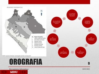 OROGRAFIA
I.-LLANURA
COSTA DEL
PACIFICO
II.-SIERRA
MADRE DE
CHIAPAS.
III.-
DEPRECION
CENTRAL.
IV.-
ALTIPLANICE
CENTRAL
V.-
MONTAÑAS
DEL ORIENTE
VI.-
MONTAÑAS
DEL NORTE
VII.- LLANURA
COSTERA DEL
GOLFO
Herramientas Informáticas
9
18/03/2022
 