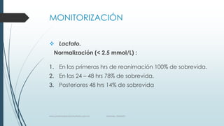 MONITORIZACIÓN
 Lactato.
Normalización (< 2.5 mmol/L) :
1. En las primeras hrs de reanimación 100% de sobrevida.

2. En las 24 – 48 hrs 78% de sobrevida.
3. Posteriores 48 hrs 14% de sobrevida

www.pharmedsolutionsinstitute.com.mx

Informes. 36246001

 